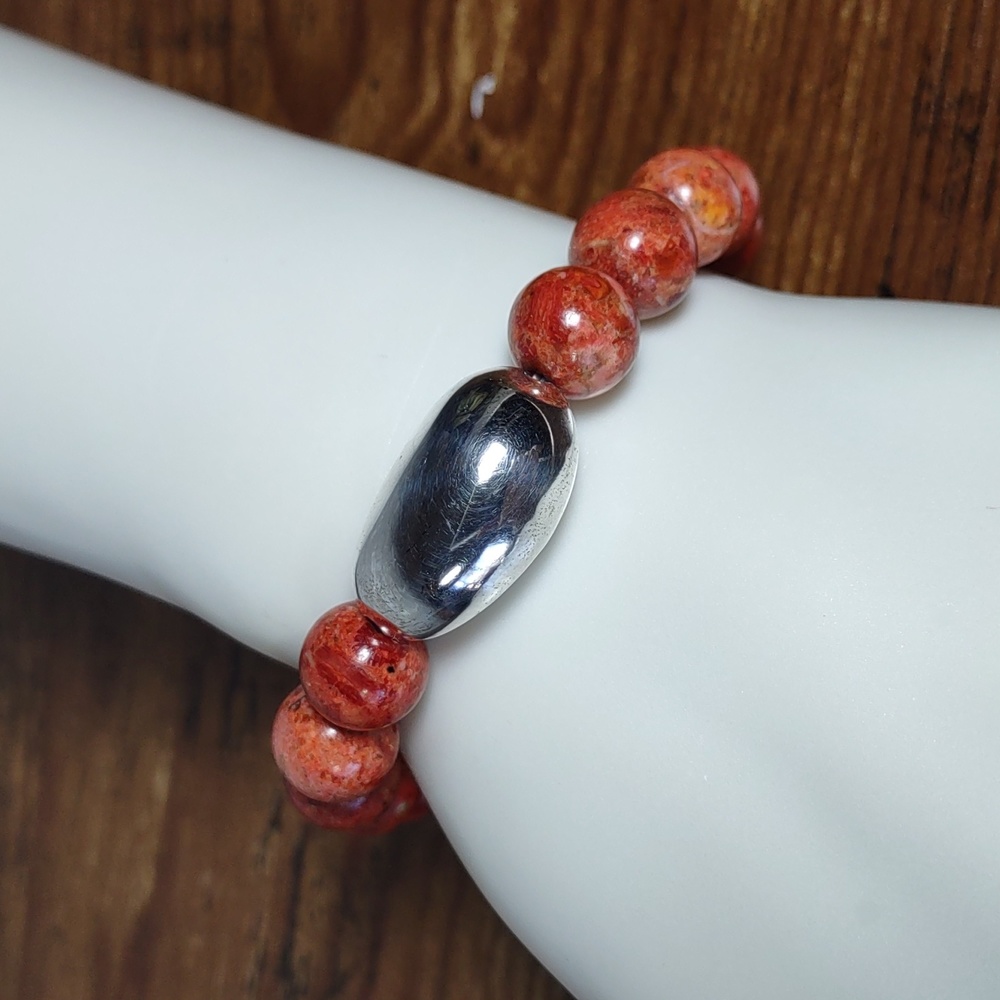 Sponge Coral/Sterling Silver Bead Stretch Bracelet